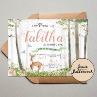Floral Little Deer 1st Birthday Invite